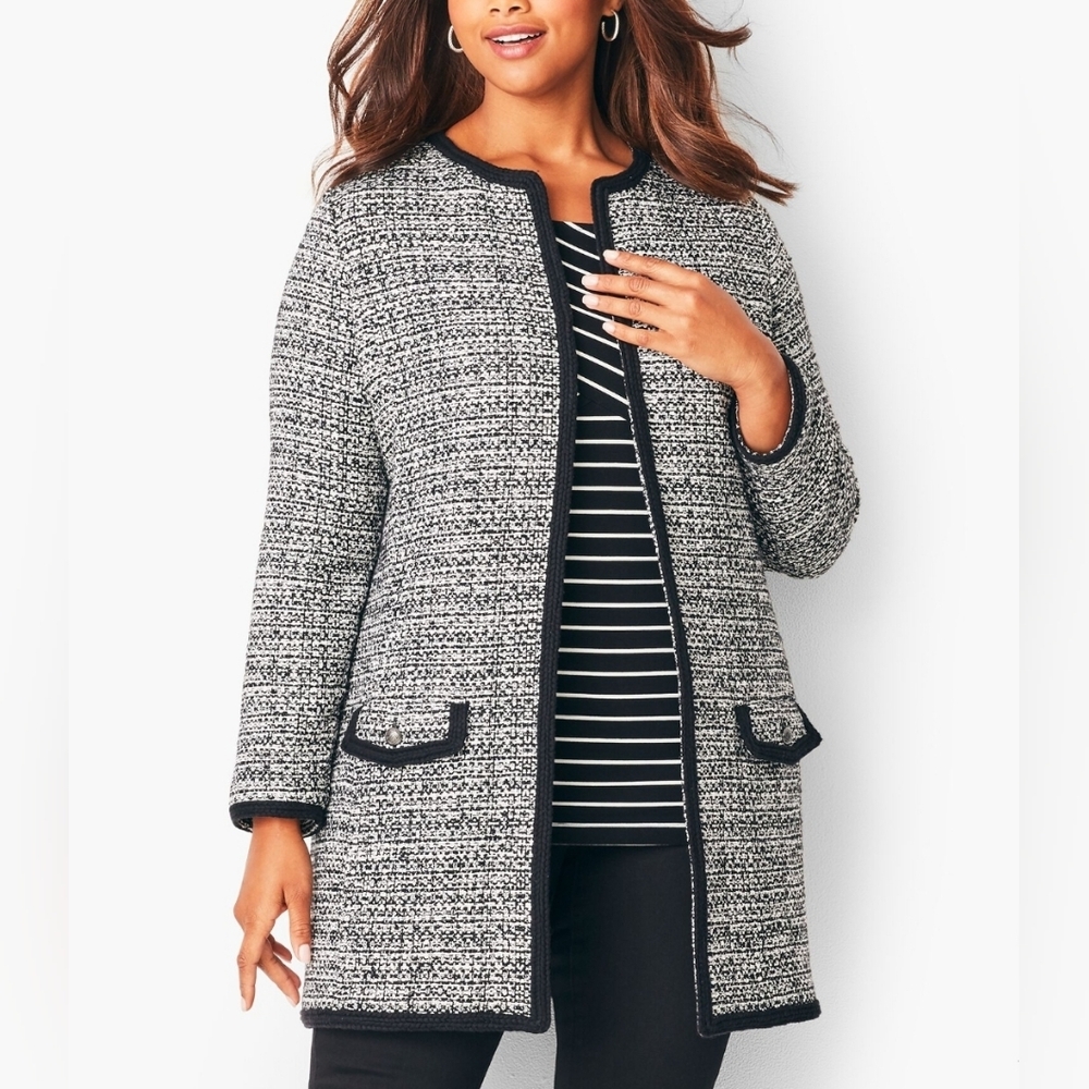 Talbots Textured Tweed Open Front Cardigan Jacket Black‎ White Women's 1X Petite